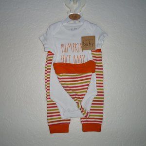 Rae Dunn* Baby Pant Set With Hat "Pumpkin Spice Baby" 3 Snap Bottom Onesie~ 6-9M
